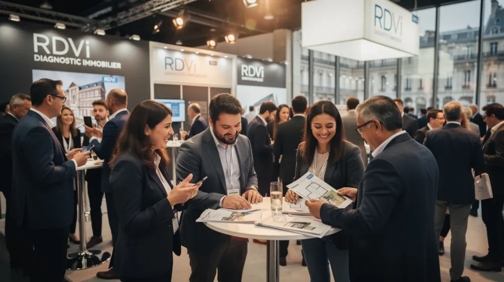 Scène dynamique de professionnels du diagnostic immobilier en plein échange lors de l'événement RDVi à Paris, avec des discussions animées et des interactions sur les diagnostics immobiliers.