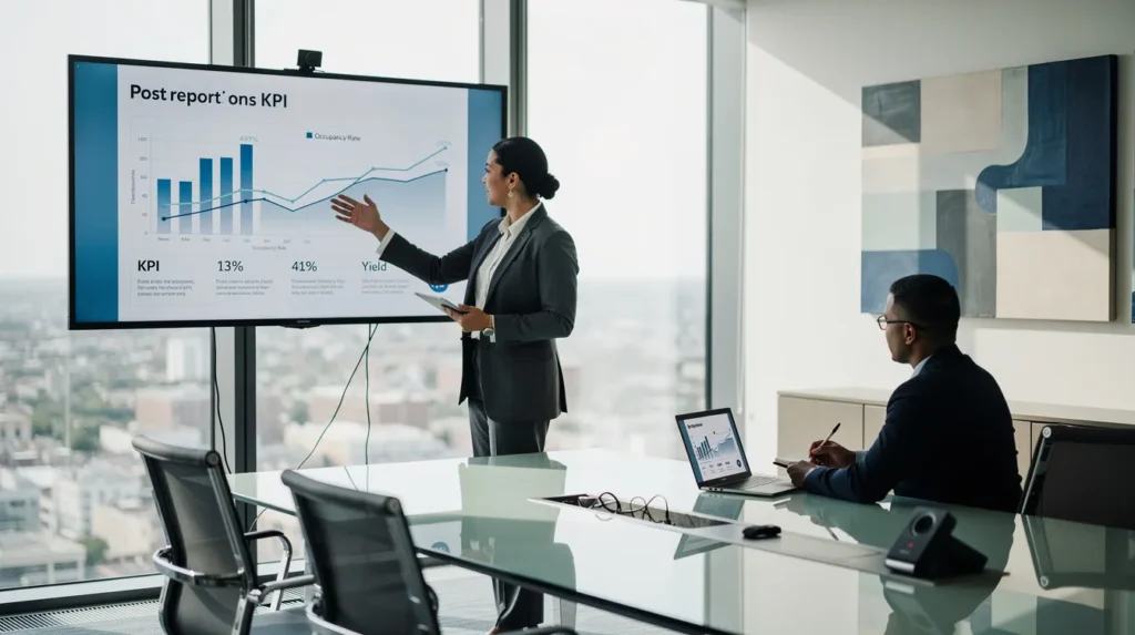 Deux professionnels dans un bureau moderne discutant des contrôles post-signalement KPI liés aux diagnostics immobiliers, avec un graphique de performance projeté sur le mur.