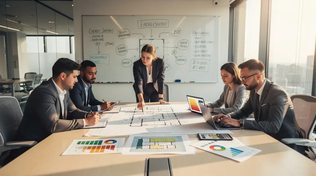 Groupe de cinq professionnels dans un bureau moderne collaborant sur une évaluation de performance énergétique pour des travaux de rénovation, entourés de plans et graphiques.