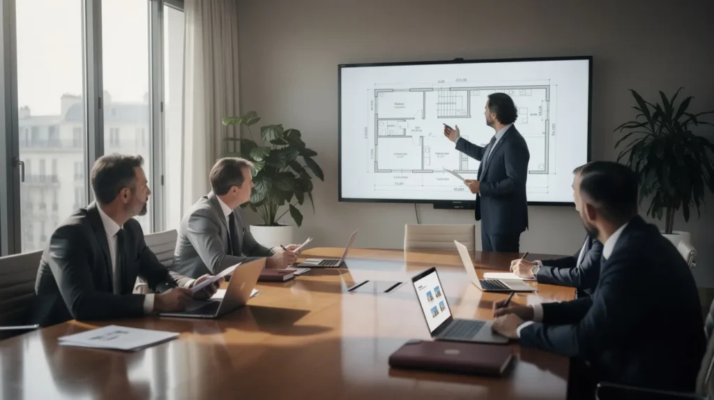 Un groupe de cinq professionnels discutant d'une affaire liée à la Loi Carrez dans un bureau lumineux, avec un plan de logement projeté à l'écran.