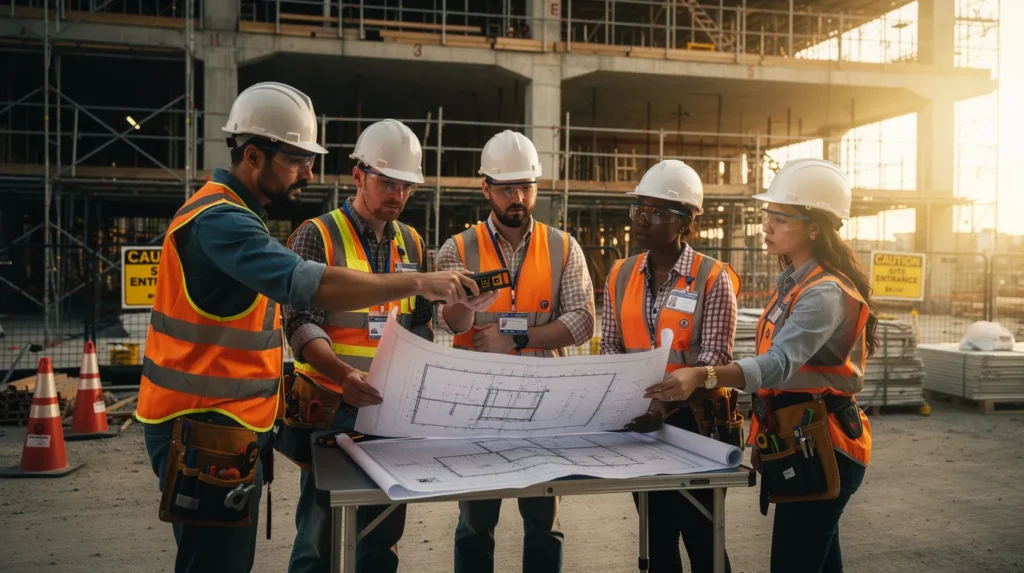 Une équipe de cinq professionnels sur un chantier, analysant un bâtiment dans le cadre d’une inspection de diagnostic immobilier. Ils discutent tout en utilisant des plans et des outils de mesure.