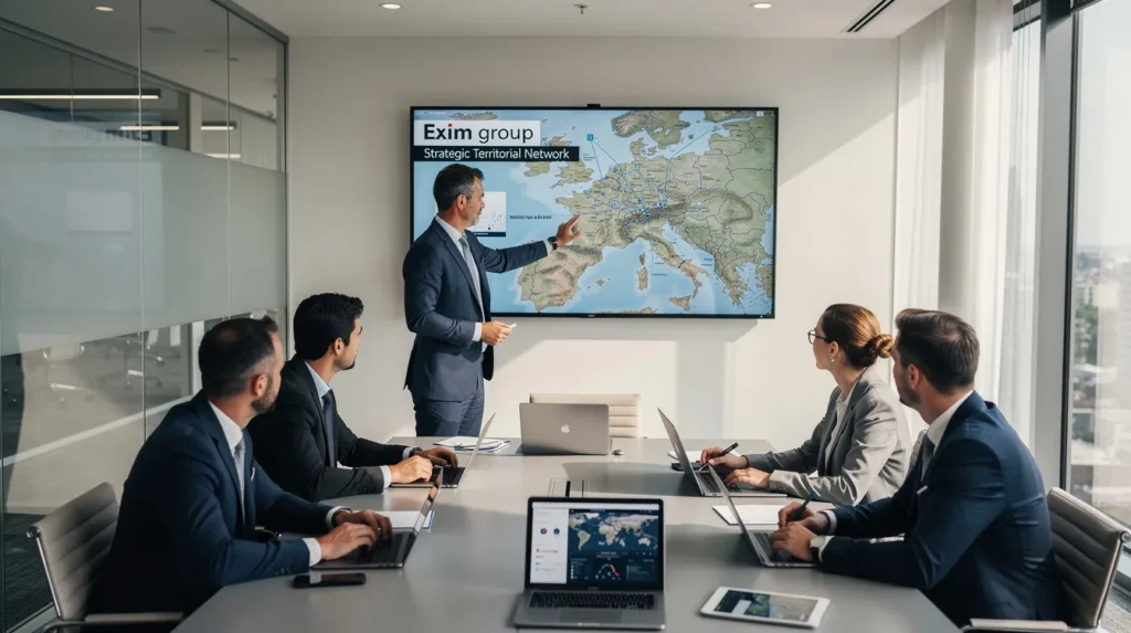 Une équipe de cinq professionnels dans un bureau moderne discutant de la nouvelle stratégie du groupe Ex'im avec des plans et des appareils électroniques.