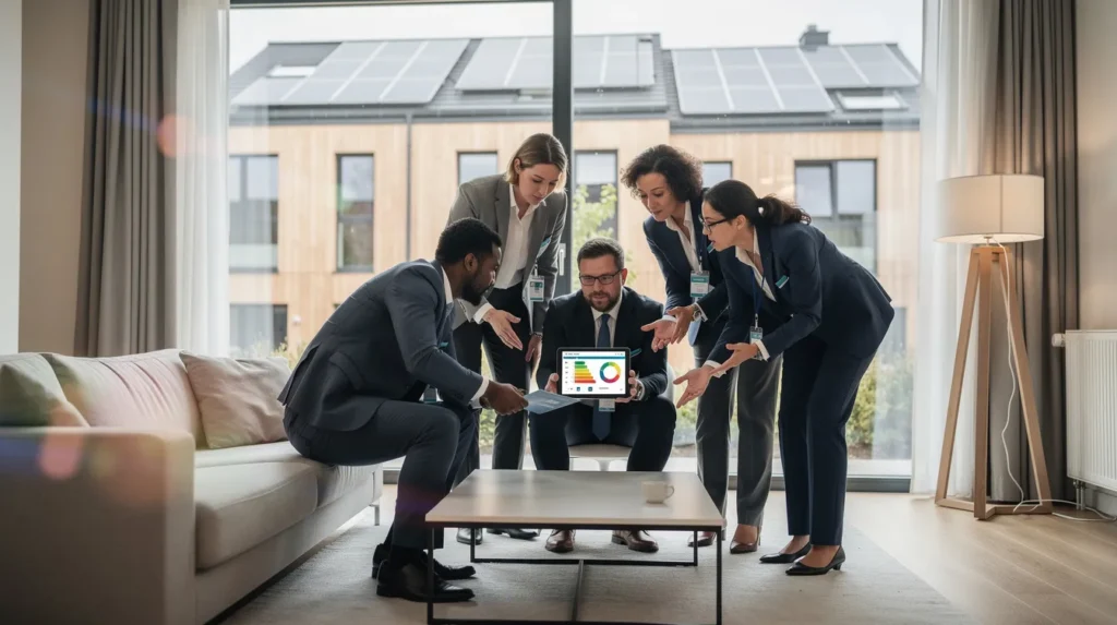 Une équipe de cinq inspecteurs évaluant la performance énergétique d'un bâtiment résidentiel dans un salon moderne, avec un rapport énergétique sur une tablette.