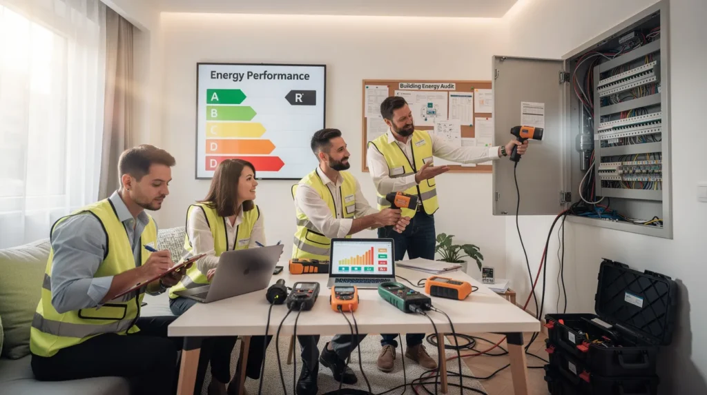 Cinq professionnels effectuant un audit de performance énergétique dans un immeuble résidentiel, utilisant des équipements techniques.