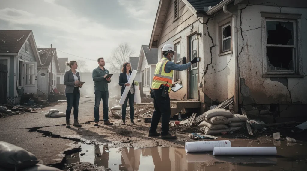 Équipe de cinq professionnels en inspection de bâtiment dans une zone résidentielle touchée par des catastrophes naturelles, discutant des risques liés aux mouvements de terrain et à l'inondation.
