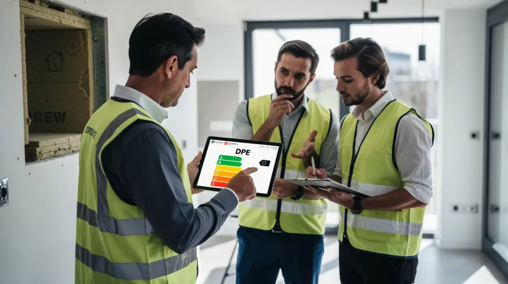 Une équipe de diagnostiqueurs inspectant un certificat de performance énergétique sur site dans un bâtiment résidentiel, avec un diagnostic en cours devant un environnement moderne.