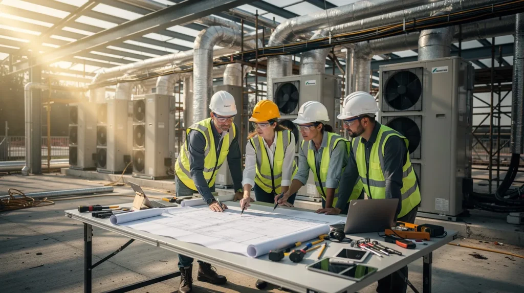 Cinq professionnels sur un chantier discutant de l'installation de pompes à chaleur, avec des plans et des appareils en arrière-plan.