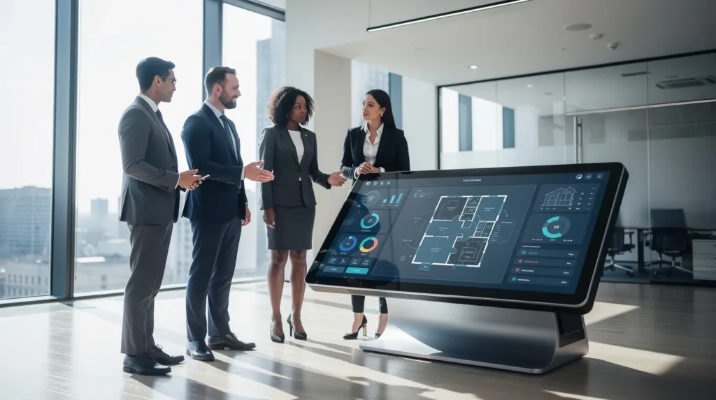 Une équipe de cinq professionnels discutant autour d'une machine de diagnostic immobilier moderne dans un bureau éclairé, mettant en avant l'innovation et l'expertise en matière de diagnostics immobiliers.