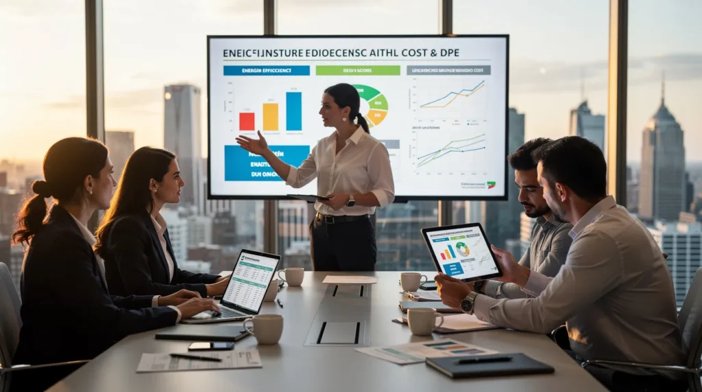 Cinq professionnels discutant des facteurs influençant le coût d'un diagnostic de performance énergétique dans un bureau moderne, avec des graphes et des rapports sur des ordinateurs.