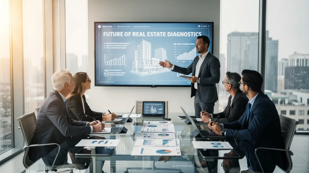 Cinq professionnels réunis dans un bureau lumineux discutant de l'avenir du diagnostic immobilier, avec des graphiques et des rapports sur la table.