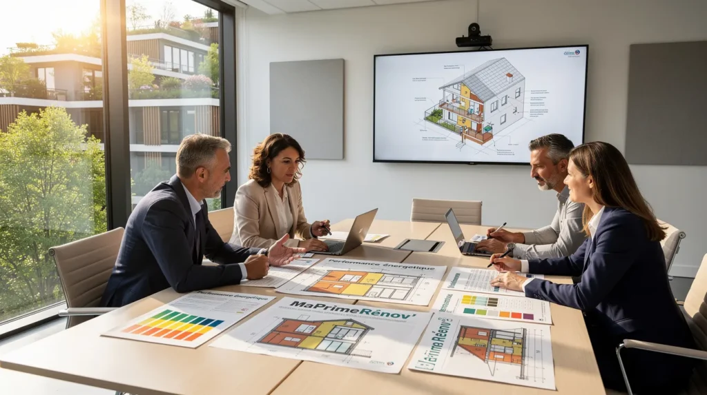 Quatre professionnels dans une salle de réunion moderne discutant de l'initiative MaPrimeRénov’ avec des rapports et des plans de rénovation sur la table.