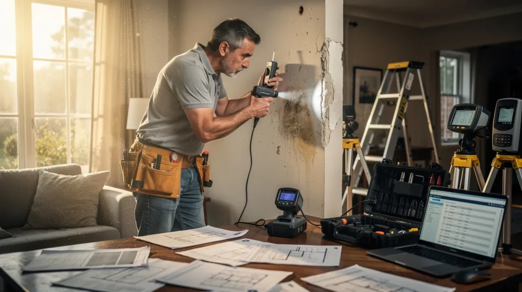 Un professionnel du diagnostic immobilier inspectant une propriété résidentielle pour détecter des signes de problèmes comme les termites et la moisissure, utilisant des outils professionnels dans un environnement bien éclairé.