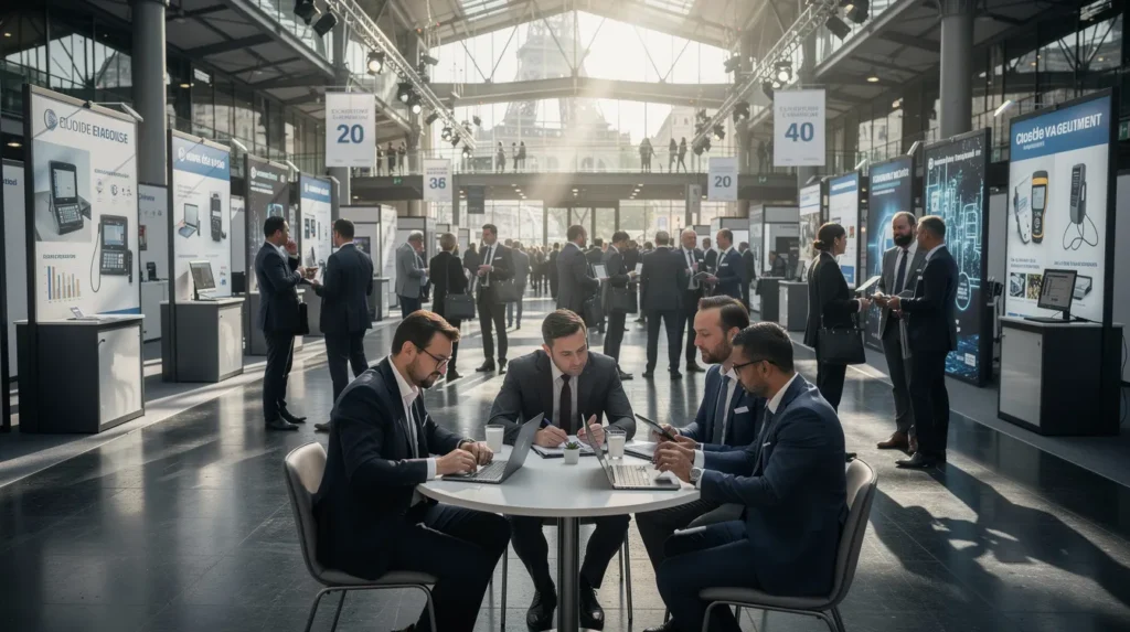 Salon professionnel à Paris dédié aux diagnostics immobiliers avec des experts en discussion et des stands d'exposants mettant en avant les outils du secteur.