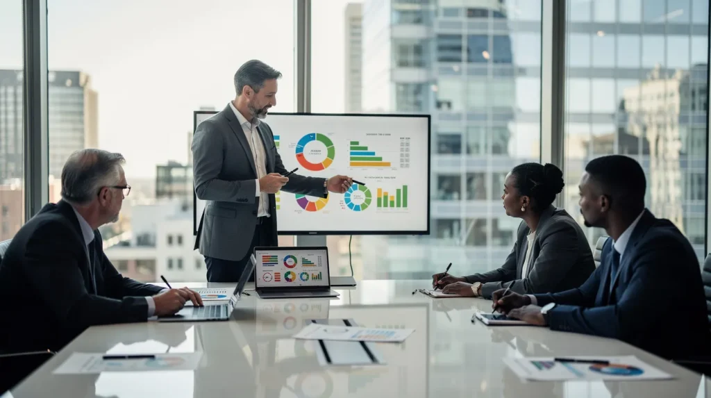 Trois diagnosticiens en discussion dynamique sur la transition énergétique des bâtiments lors d'une formation, dans un cadre professionnel lumineux et inspirant.