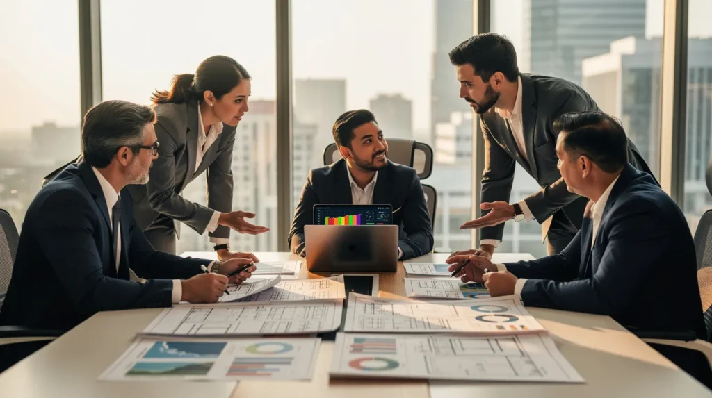 Cinq professionnels dans un bureau moderne discutant de stratégies de diagnostic énergétique, utilisant un rapport de performance affiché sur un ordinateur portable.