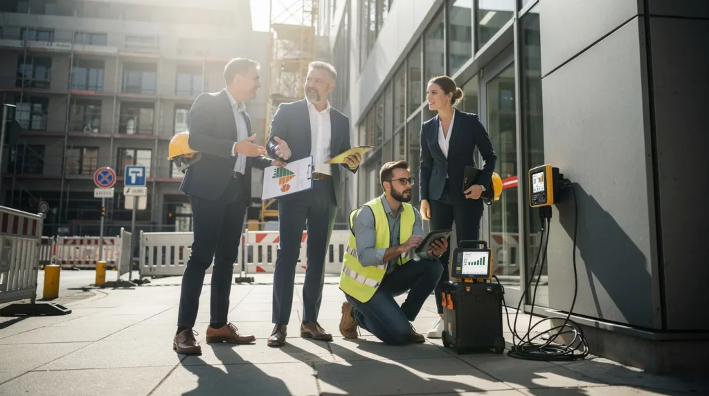 Un groupe de cinq professionnels examinant des rapports de diagnostic de performance énergétique devant un bâtiment urbain, illustrant l'importance de l'expertise en diagnostic immobilier.