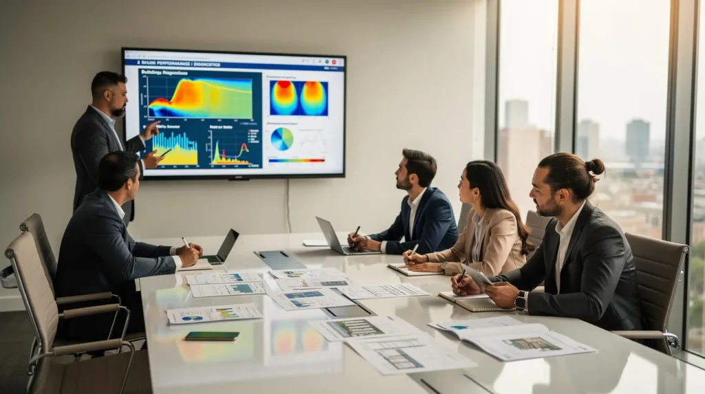 Cinq professionnels réunis autour d'une table dans une salle de réunion bien éclairée, discutant de la gestion des données bâtimentaires et des diagnostics immobiliers.
