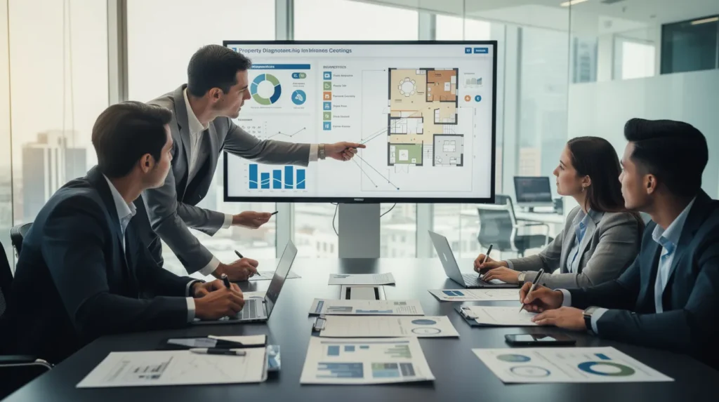 Groupe de cinq professionnels en réunion dans un bureau moderne discutant des diagnostics immobiliers avec des graphiques affichés sur un écran.