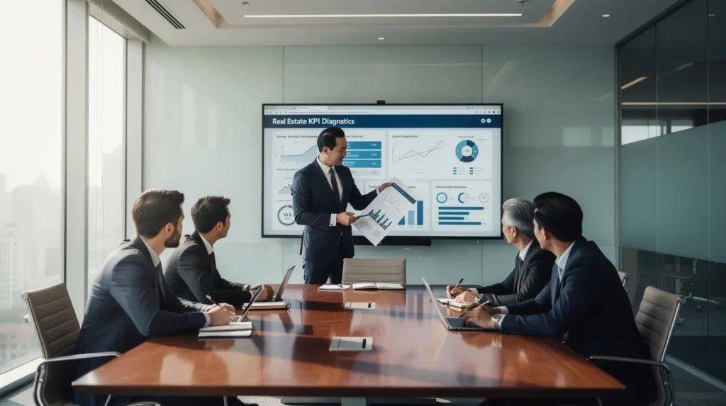 Cinq professionnels en tenue formelle se réunissant autour d'une table de conférence pour discuter des mesures KPI dans le domaine des diagnostics immobiliers.