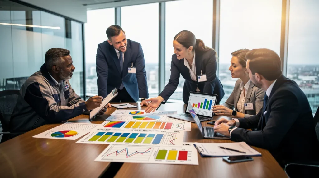 Cinq professionnels réunis autour d’une table de conférence dans un bureau moderne, discutant de l'importance de l'unité dans la profession de diagnostic immobilier, avec un rapport technique sur la table.