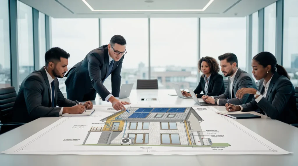 Groupe de cinq professionnels en train de discuter autour d'un plan de rénovation énergétique d'un bâtiment résidentiel dans un bureau moderne, mettant en avant les améliorations écologiques.