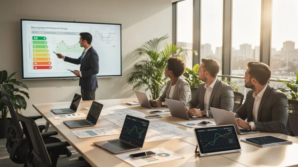 Cinq professionnels dans un bureau bien éclairé discutant d'un rapport de diagnostic de performance énergétique, entourés de documents techniques et de tablettes.
