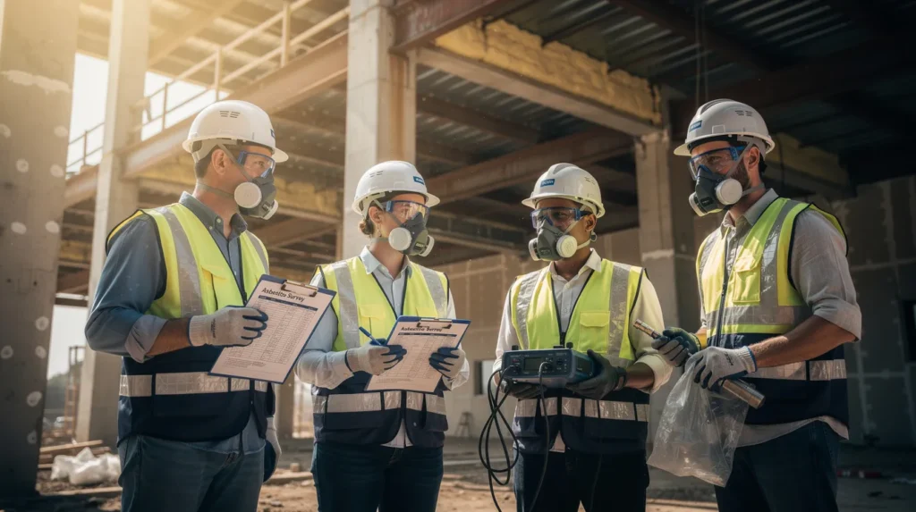 Cinq professionnels inspectant un bâtiment pour détecter la présence d'amiante, avec des documents et des outils de diagnostic, dans une ambiance sérieuse sur un chantier.