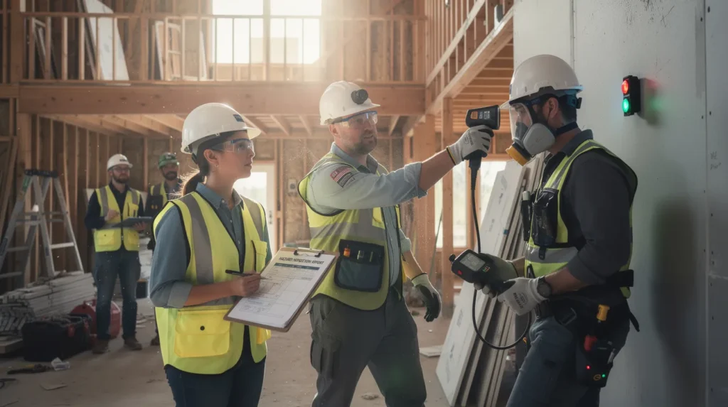 Cinq professionnels sur un chantier inspectant un bâtiment résidentiel pour des diagnostics immobiliers, utilisant des outils pour détecter l'amiante et le plomb.