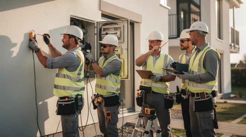 Cinq professionnels de diagnostic immobilier inspectant un bâtiment résidentiel, utilisant des outils de mesure et discutant de leurs constatations dans un environnement professionnel.
