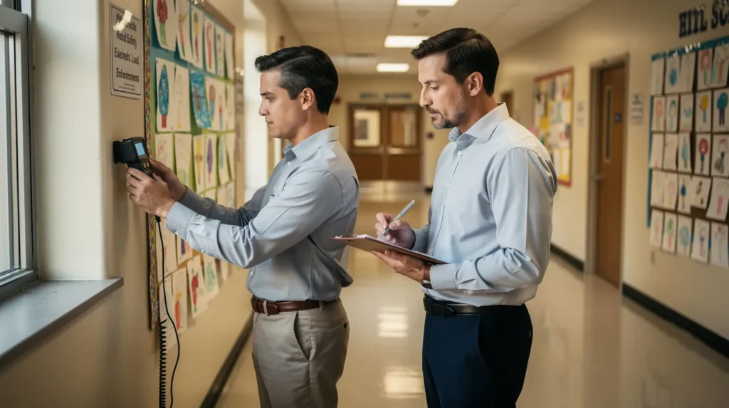 Inspection d'un bâtiment scolaire par deux professionnels évaluant les risques liés au plomb avec un appareil de mesure et un carnet de notes.