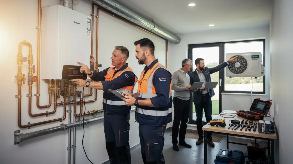 Cinq professionnels inspectant un bâtiment résidentiel pour des améliorations énergétiques, en discutant du remplacement d'une chaudière et de l'installation d'une pompe à chaleur.