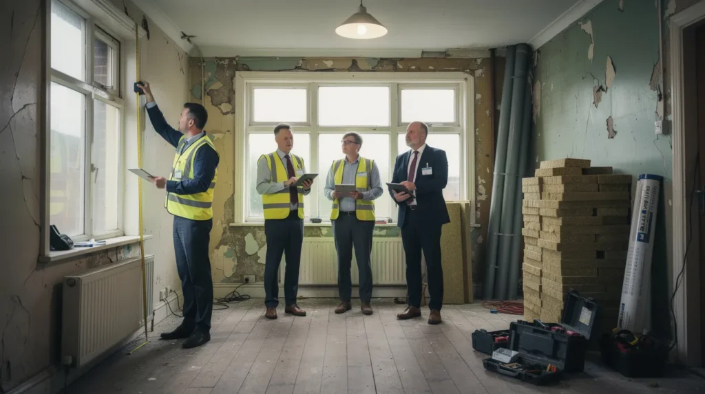 Cinq professionnels en train d'inspecter un logement classé G, utilisant des outils de mesure et des tablettes pour documenter les besoins de rénovation et conformité aux normes.