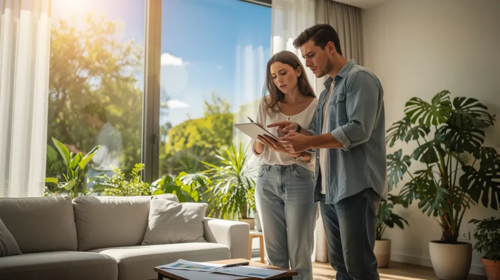 Un couple inspectant leur maison pour des problèmes de performance énergétique en été, utilisant une tablette pour prendre des notes dans une pièce bien éclairée.