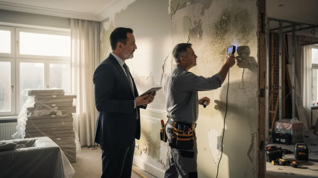 Une équipe de professionnels inspectant une maison résidentielle pour des dommages causés par la mérule, utilisant des outils d'évaluation dans un environnement lumineux de travaux.