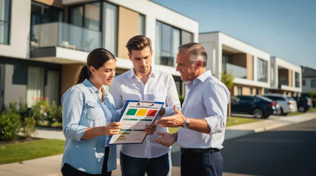 Un groupe de professionnels de l'immobilier inspectant un immeuble résidentiel, avec un rapport de diagnostic de performance énergétique en main, illustrant l'importance de l'efficacité énergétique dans l'immobilier.
