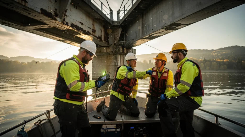 Un groupe de cinq professionnels en tenue de sécurité inspectant un pont accessible par bateau, mesurant la présence de l'amiante.