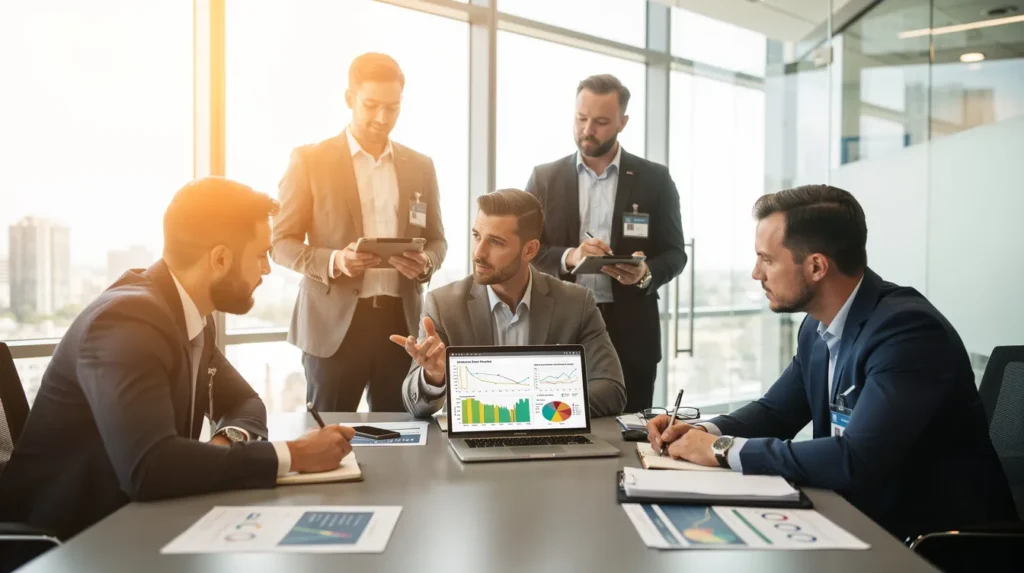 Quatre professionnels examinant un rapport de diagnostic de performance énergétique dans un bureau moderne, discutant des anomalies avec des graphiques sur un ordinateur portable.