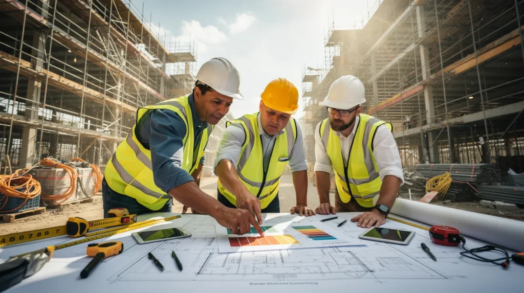 Cinq professionnels en uniformes de sécurité inspectant un rapport d'efficacité énergétique sur un chantier, avec des plans et des outils en arrière-plan.