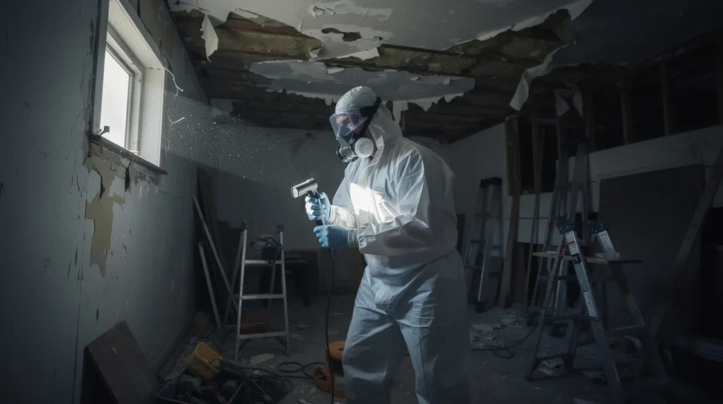 Un inspecteur qualifié portant un équipement de protection examine un espace confiné pour détecter la présence d'amiante dans un immeuble résidentiel. L'image illustre l'importance de l'expertise dans le diagnostic amiante.