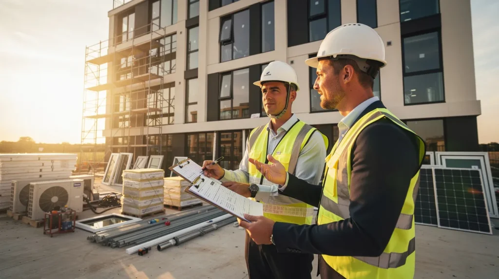 Deux inspecteurs professionnels examinant un rapport d'inspection sur un chantier de construction, reflétant l’importance de l'indépendance des organismes d'inspection pour les certificats d'économies d'énergie.