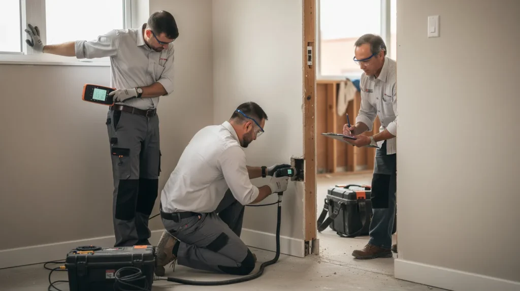 Trois professionnels effectuant une inspection approfondie d'un bâtiment résidentiel pour détecter des termites et des dommages dus à l'humidité, utilisant des outils de diagnostic spécialisés.