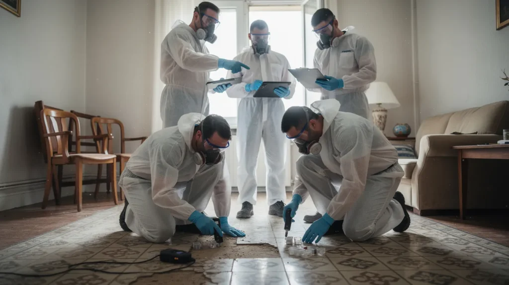 Un groupe de cinq professionnels en tenue de sécurité inspectant un bâtiment résidentiel pour la présence d'amiante, mettant en évidence l'importance des diagnostics immobiliers.