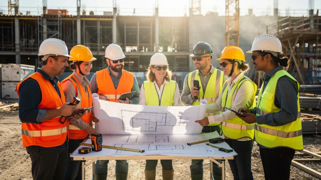Groupe de professionnels discutant d’un diagnostic immobilier sur un chantier, examinant des plans et utilisant des outils de mesure.
