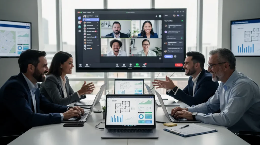 Cinq professionnels en réunion virtuelle sur Discord pour discuter de diagnostics immobiliers, avec des ordinateurs portables, des graphiques et une ambiance dynamique.