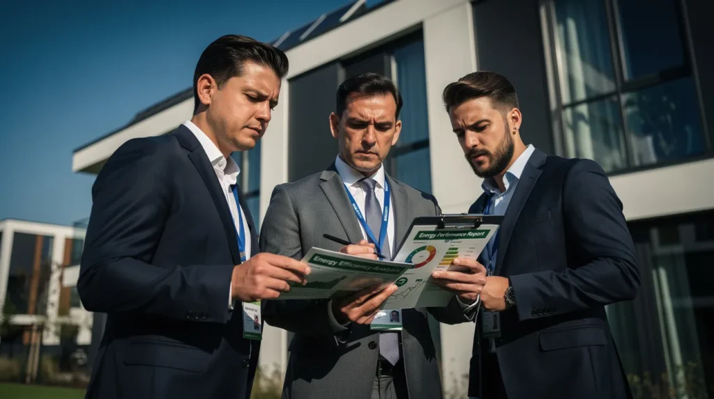 Trois professionnels en tenue d'affaires inspectant un bâtiment résidentiel pour le diagnostic de performance énergétique, avec des documents à la main dans un environnement extérieur.