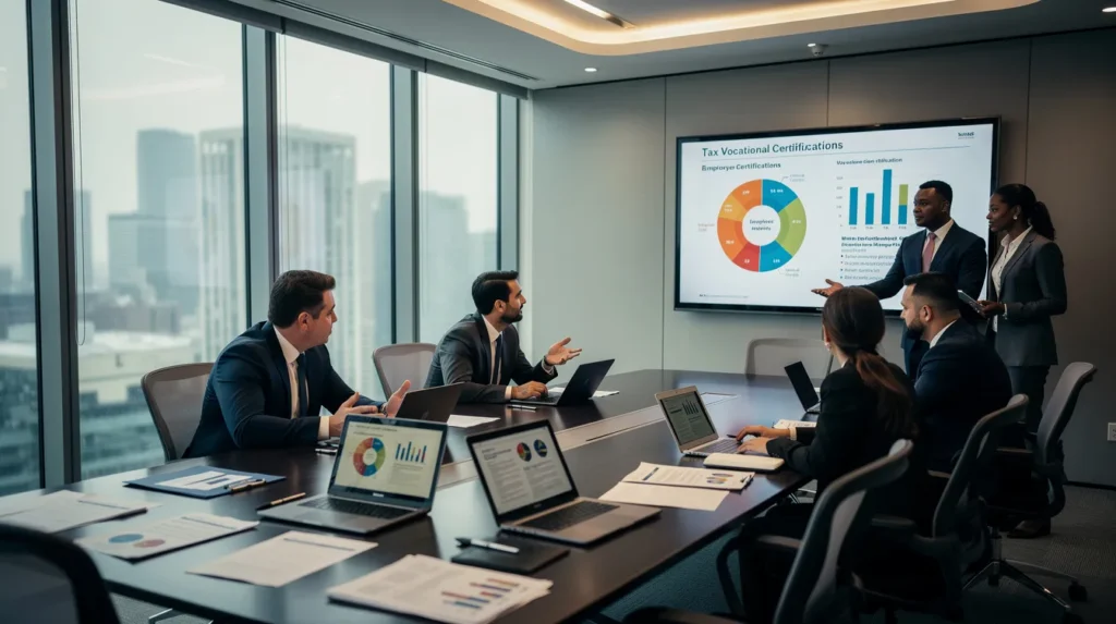Cinq professionnels dans une salle de réunion discutant des implications fiscales liées aux certifications professionnelles, avec une analyse affichée à l'écran.