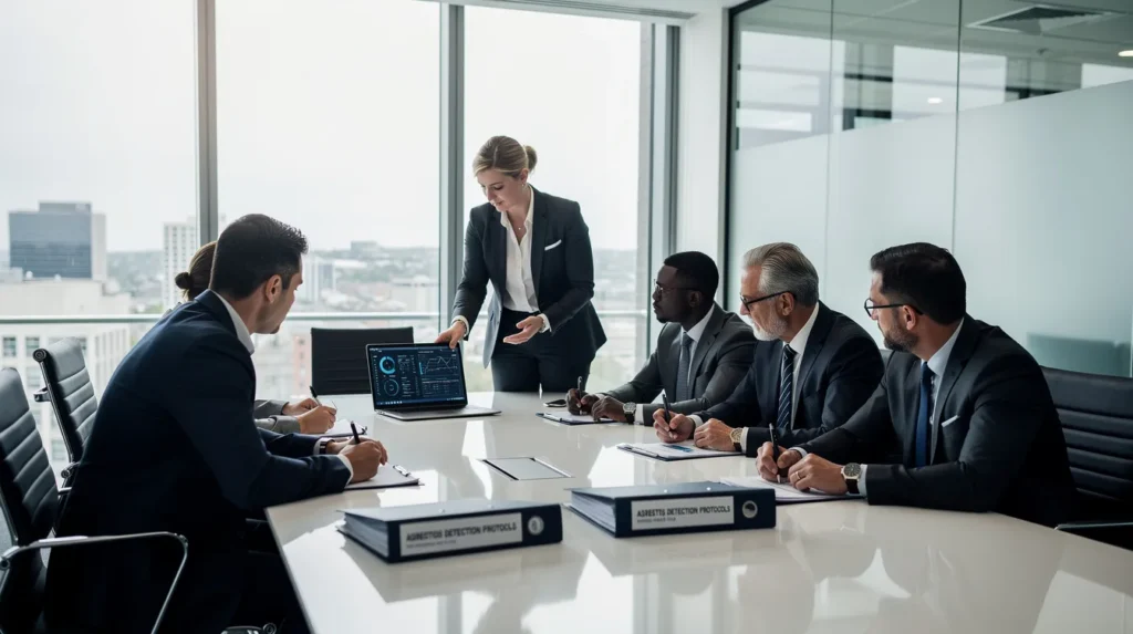 Groupe de cinq professionnels discutant de protocoles de détection de l'amiante dans un cadre professionnel moderne, avec des documents techniques et un ordinateur portable.